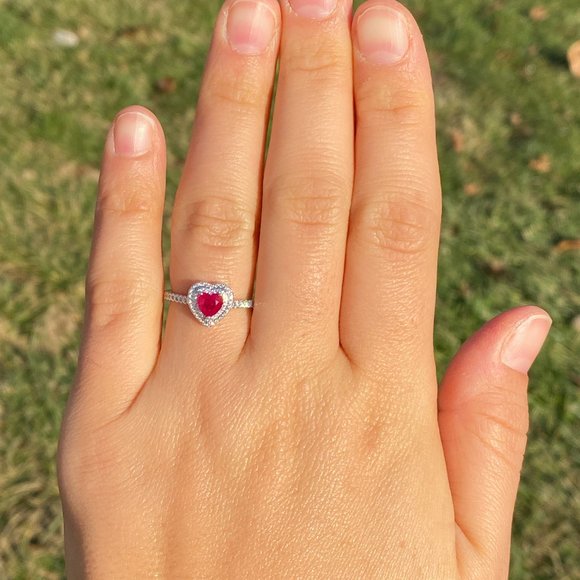 Heart Shaped Natural Ruby and Double Halo Natural Diamond Ring - Picture 8 of 10